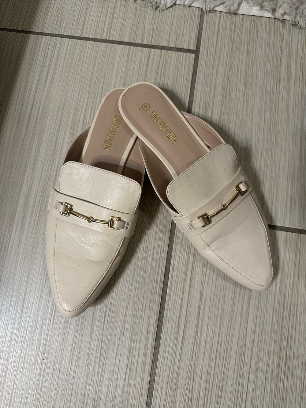 Dream Pairs Cream Slip-On Mules with Gold Bit Detail